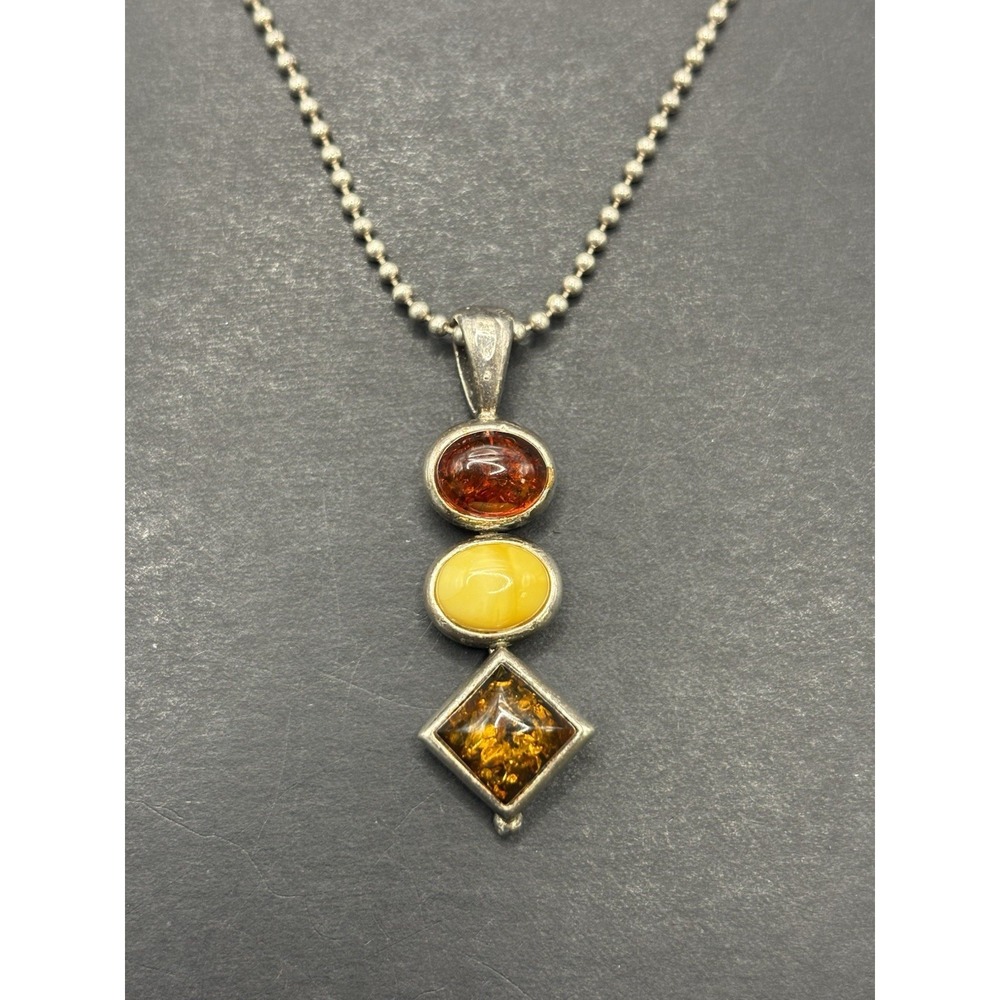 Vintage 18" Sterling Silver Multi Color Amber Pendant Necklace 9 Grams H20